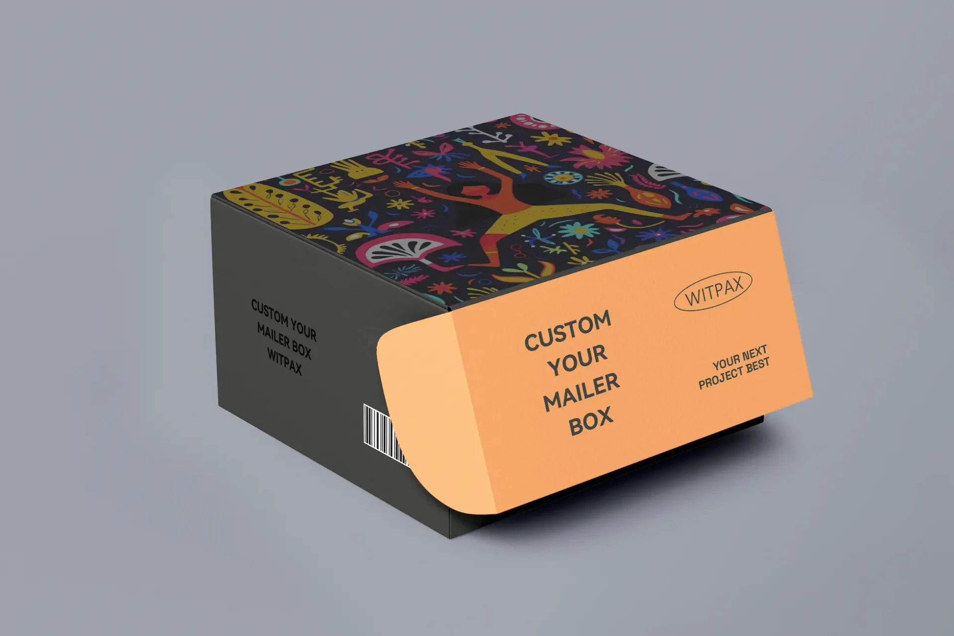 We are a manufacturer of custom box packaging. Presenting our A custom mailer box, featuring a sleek dark background combined with vibrant abstract patterns on the top flap. This design seamlessly incorporates the "WITPAX" brand logo, ensuring both functionality and style. Our innovative Type2 CustomMailer design embodies modern packaging solutions for your business needs.