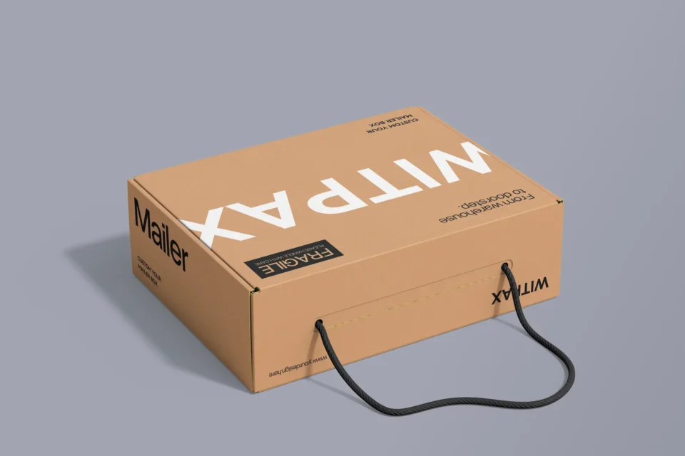 The image showcases a custom-designed brown cardboard box equipped with durable handles, optimized for easy carrying. It's specifically crafted to ensure the safety of fragile items during transport. The box is set against a neutral gray background, emphasizing its practical and protective features as a mailer solution.