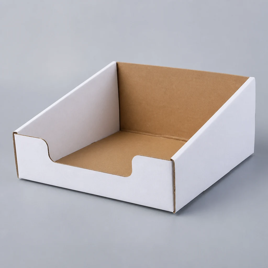 Trapezoidal corrugated display box countertop display box front angle