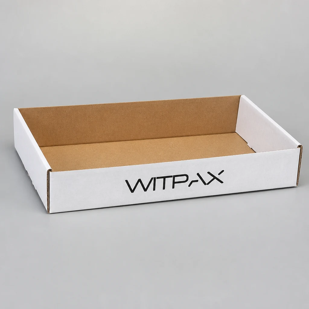 Folding corrugated display box countertop display box front angle