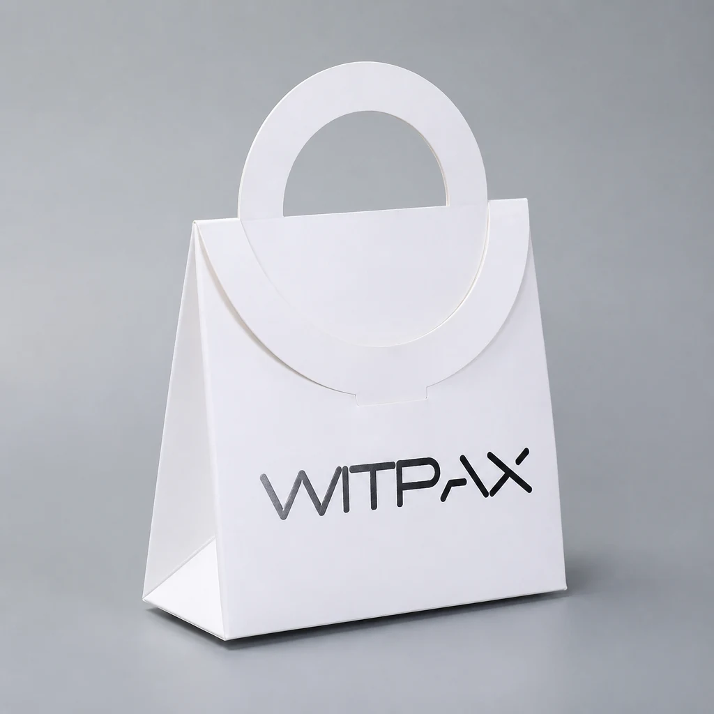 Bag style folding carton front angle with printed paper bag panel