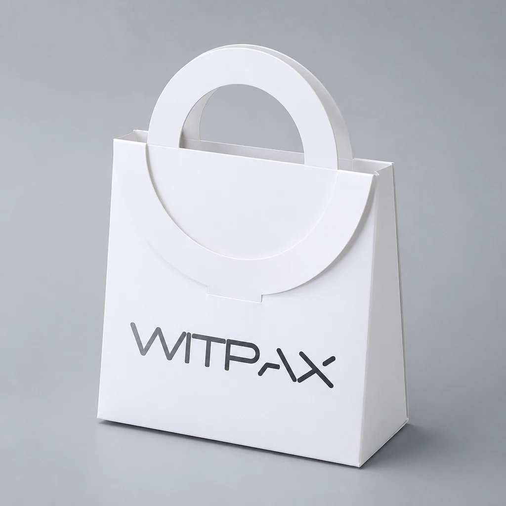 Bag style folding carton showing handles and side gusset
