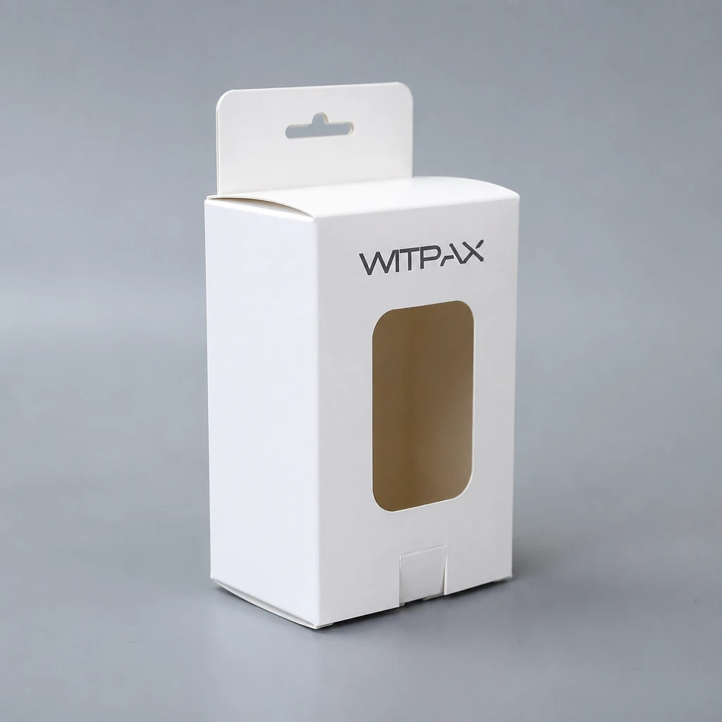 Folding carton with window packaging box front angle