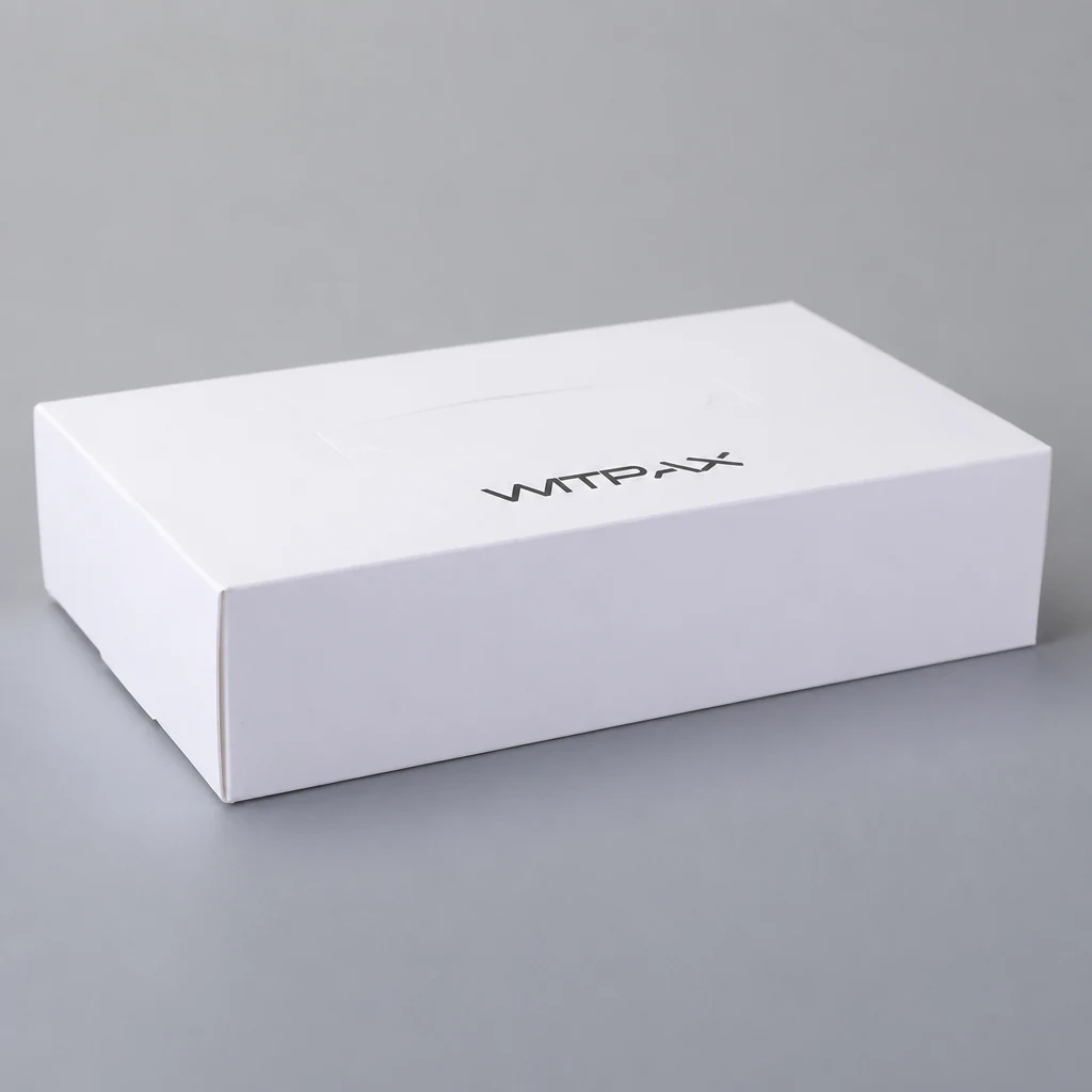 Folding carton for tissue packaging box front angle