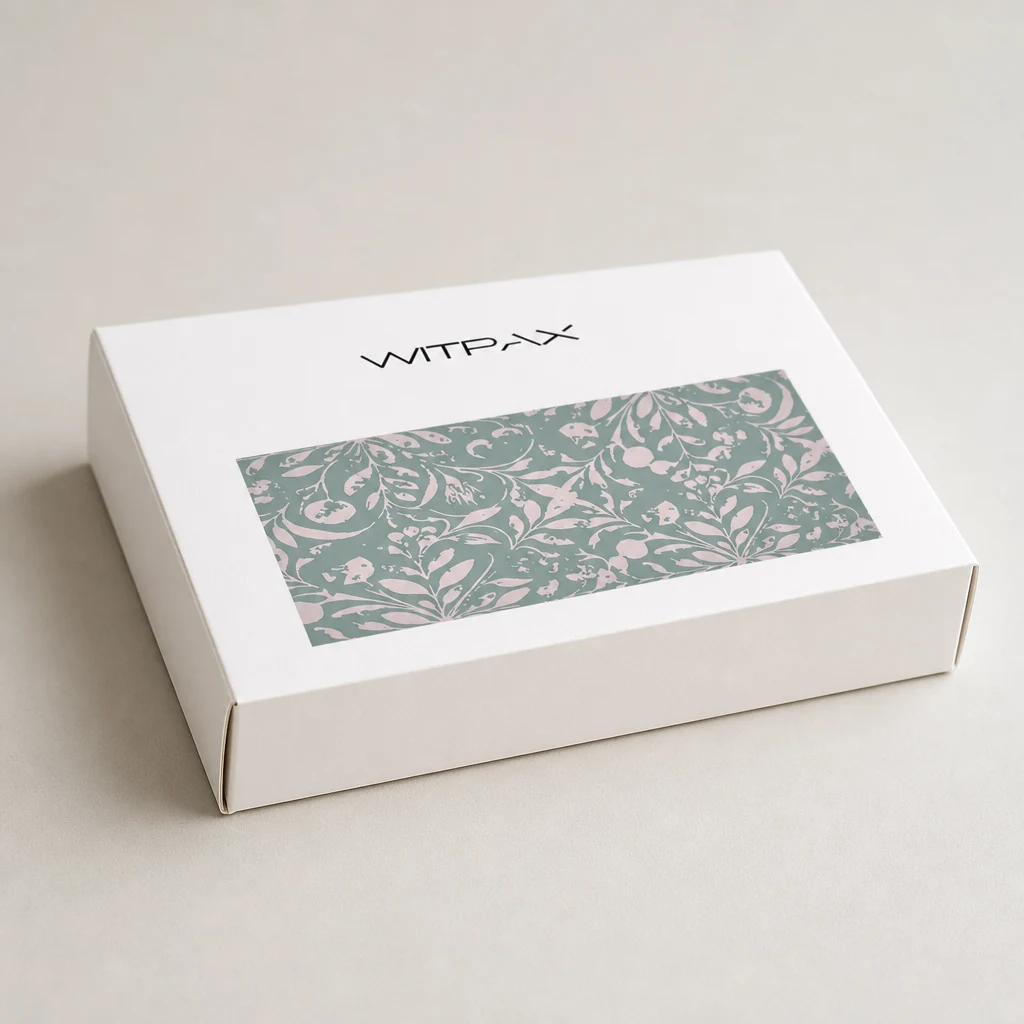 Closed white folding carton with teal floral window panel