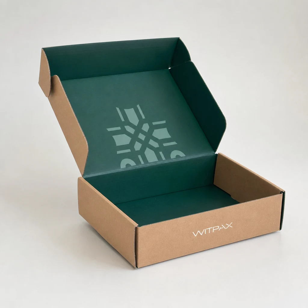 Open kraft mailer box with dark green interior and folded side wings