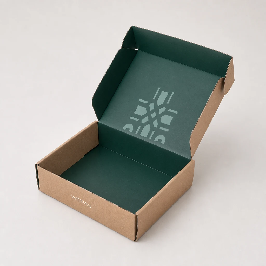 Open printed mailer box showing green tray interior and hinged lid
