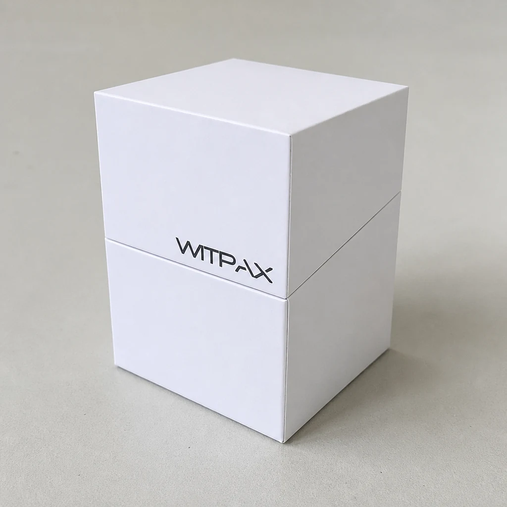 Hinged-lid die cut box with insert packaging box front angle