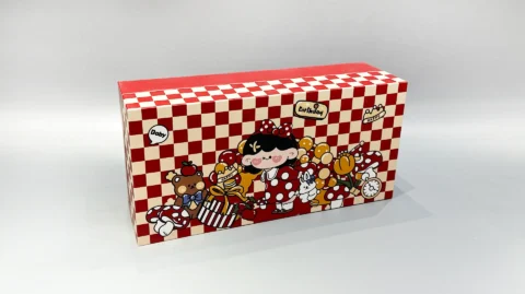 Our product is a custom-designed rectangular gift box in an appealing red color, featuring a checkered lid adorned with playful cartoon characters and food-themed illustrations. This versatile packaging solution is ideal for enhancing any occasion.