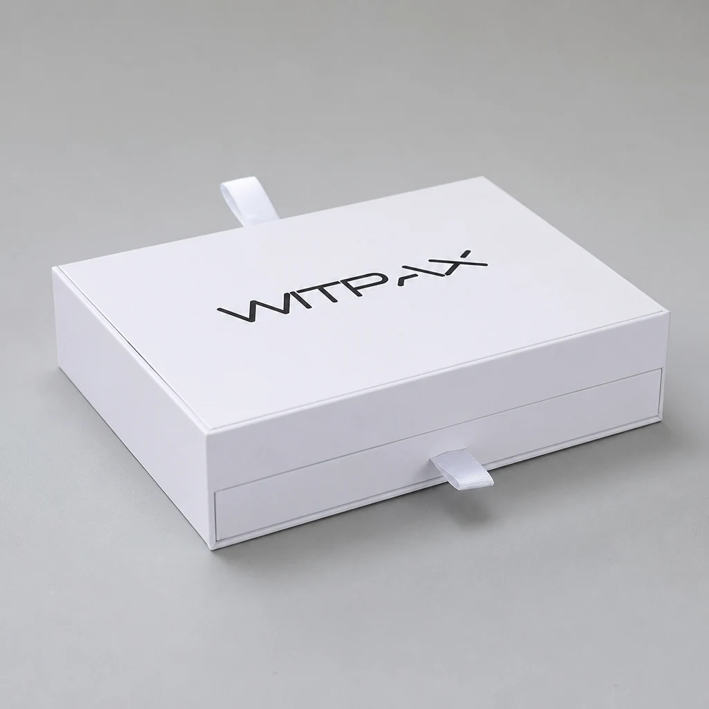 Flip-top box with drawer book style rigid box front angle