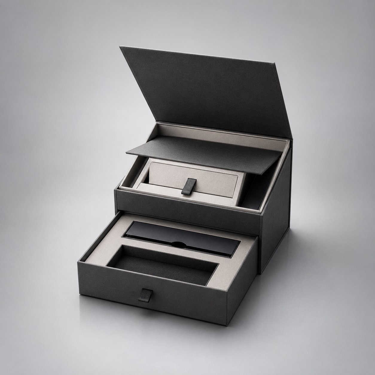 Sliding drawer box with inner flip-top packaging feature image showing Multi-Level Mystery: Professional Compartmentalization
