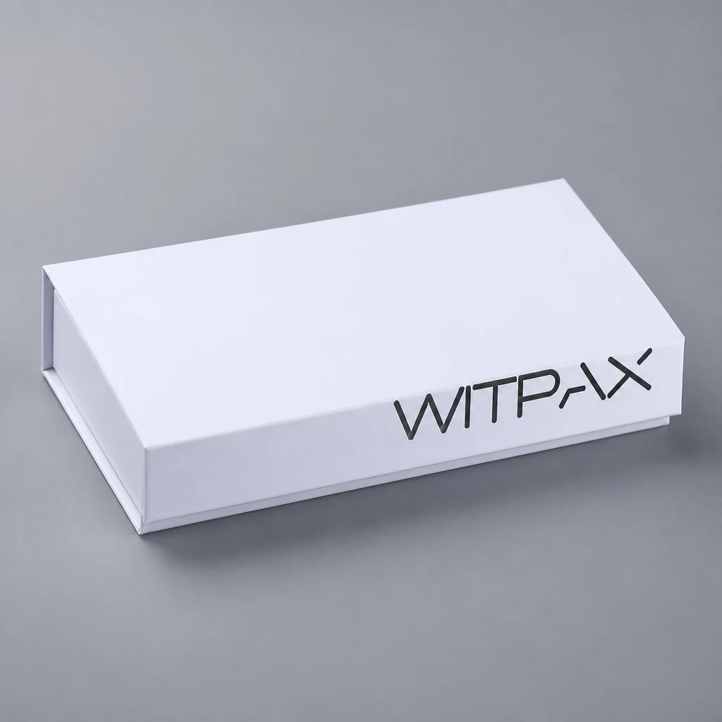 Flip-top box with inserts book style rigid box front angle