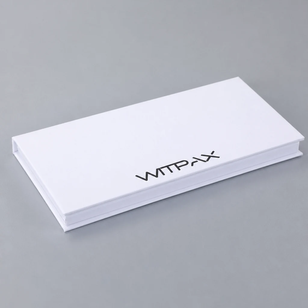 Flat book-style box with insert book style rigid box front angle