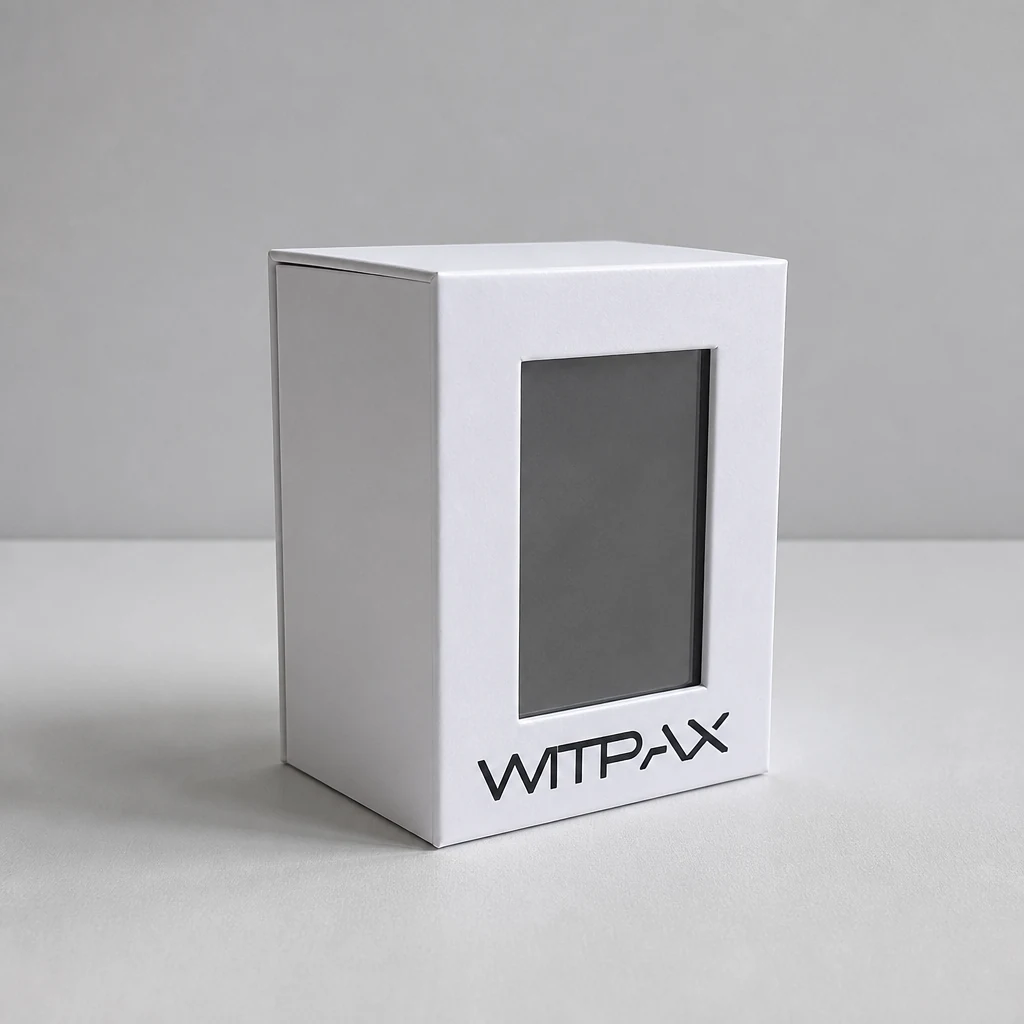 Flip-top box with window book style rigid box front angle