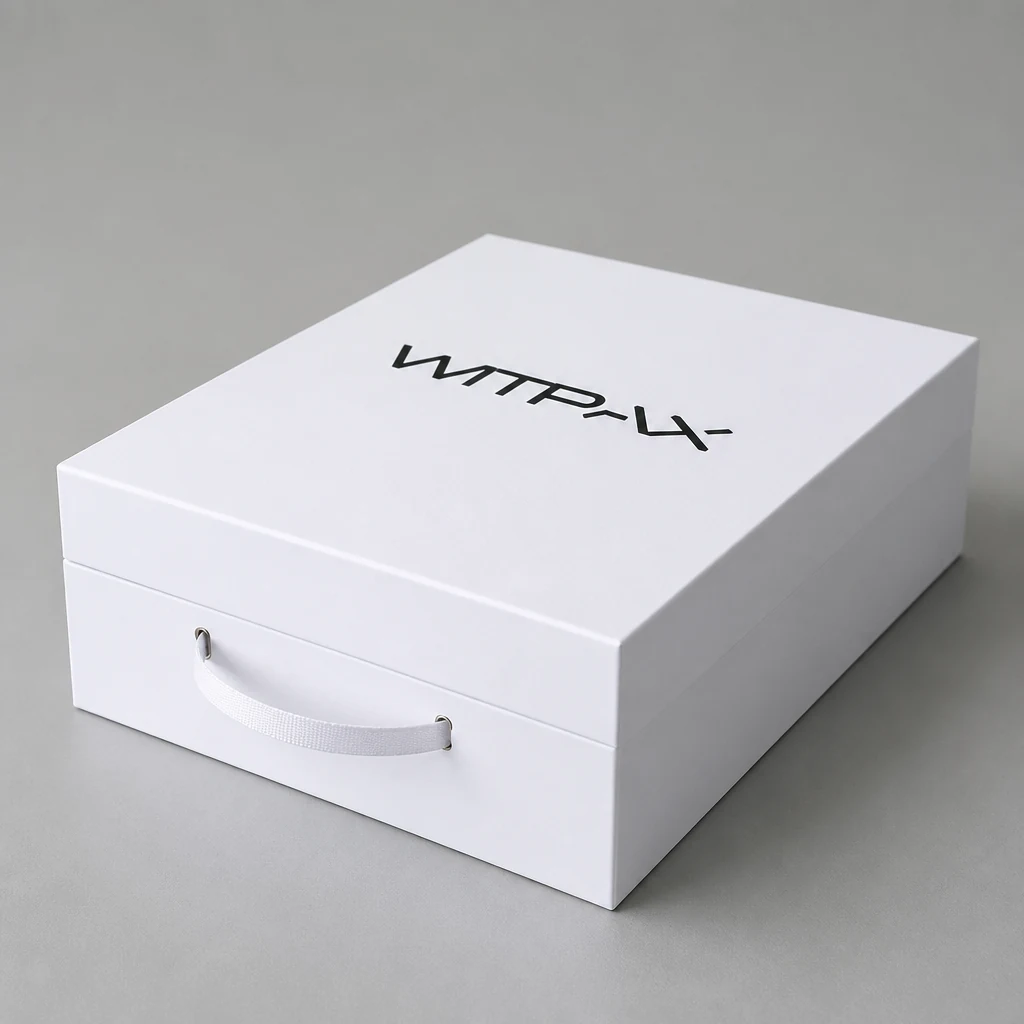 Portable hinged-lid shoulder box packaging box front angle