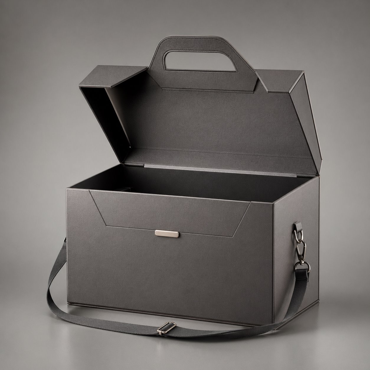 Portable hinged-lid shoulder box packaging feature image showing Sophisticated Transit: Reinforced Carrying Handle