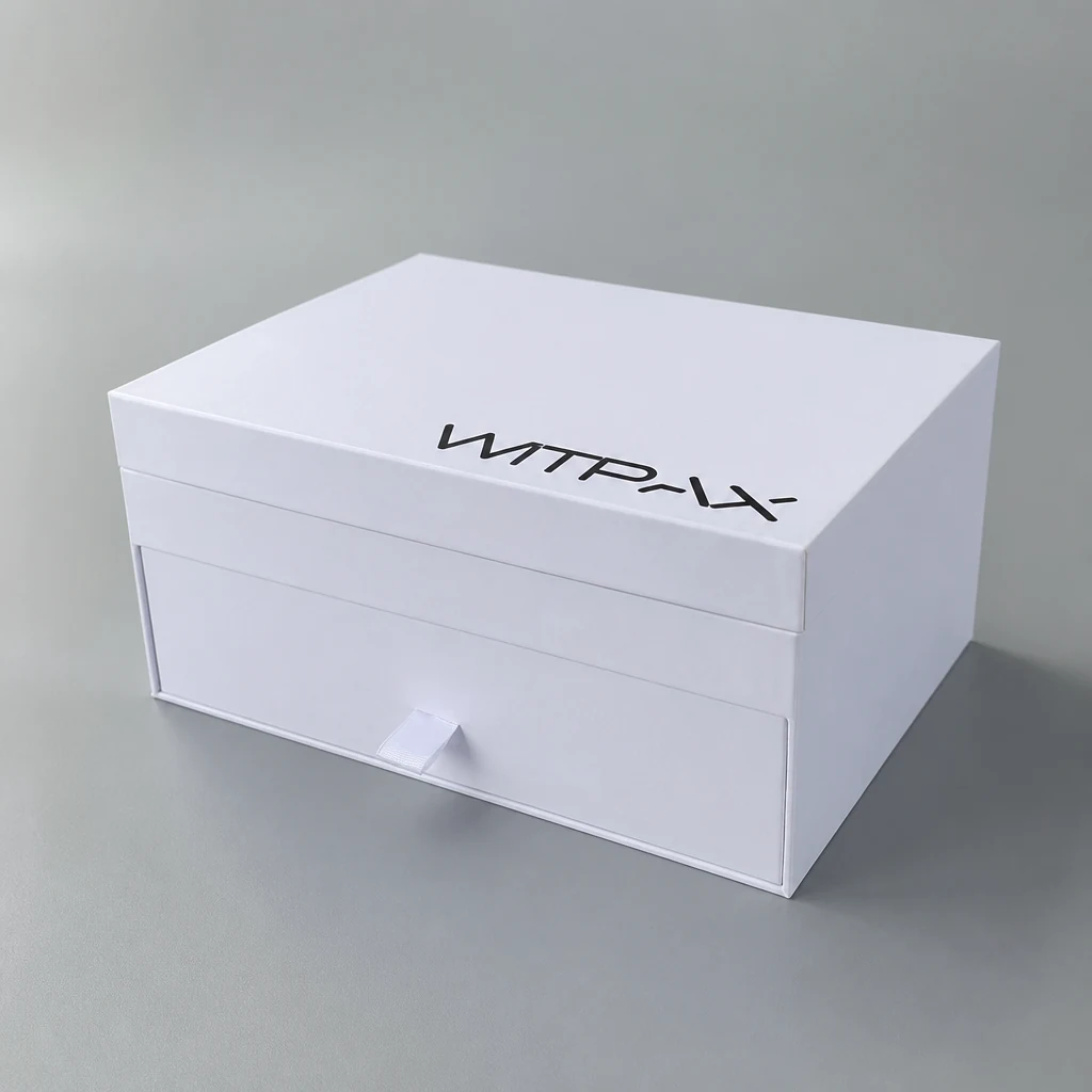 Two-tier hinged box with drawer drawer box front angle