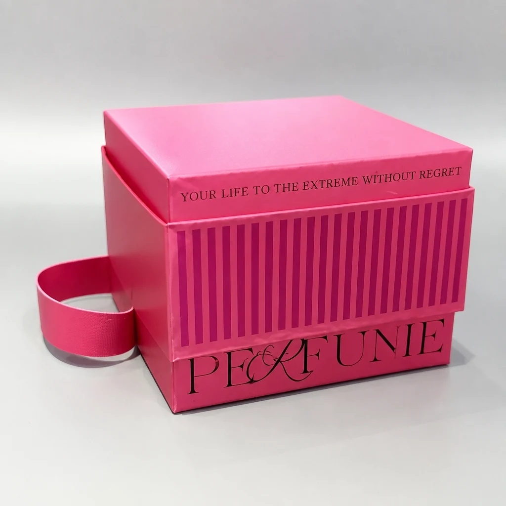 Custom cube lift-off lid gift box with strap packaging box front angle