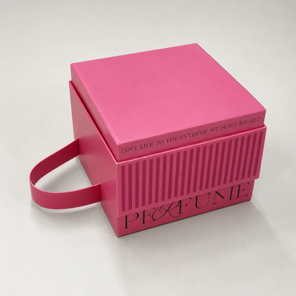 Custom cube lift-off lid gift box with strap packaging box top angle