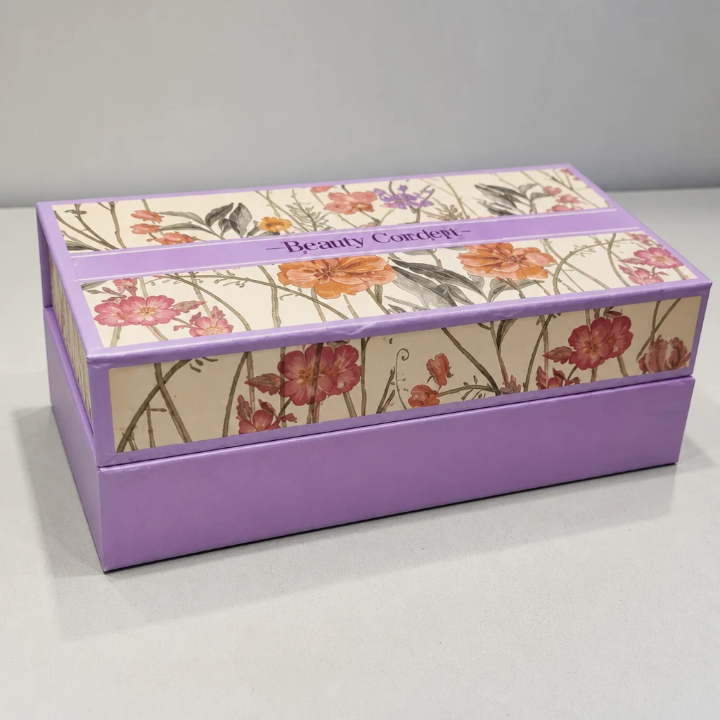 Purple luxury shoulder neck gift box shoulder neck rigid box front angle