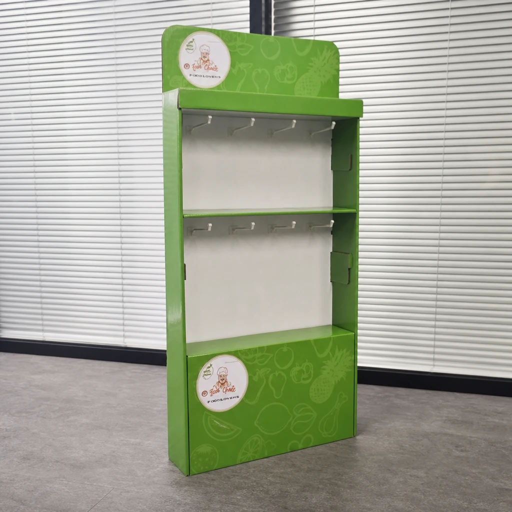 Custom Green 2-layer Tray Floor Display retail floor display stand front angle