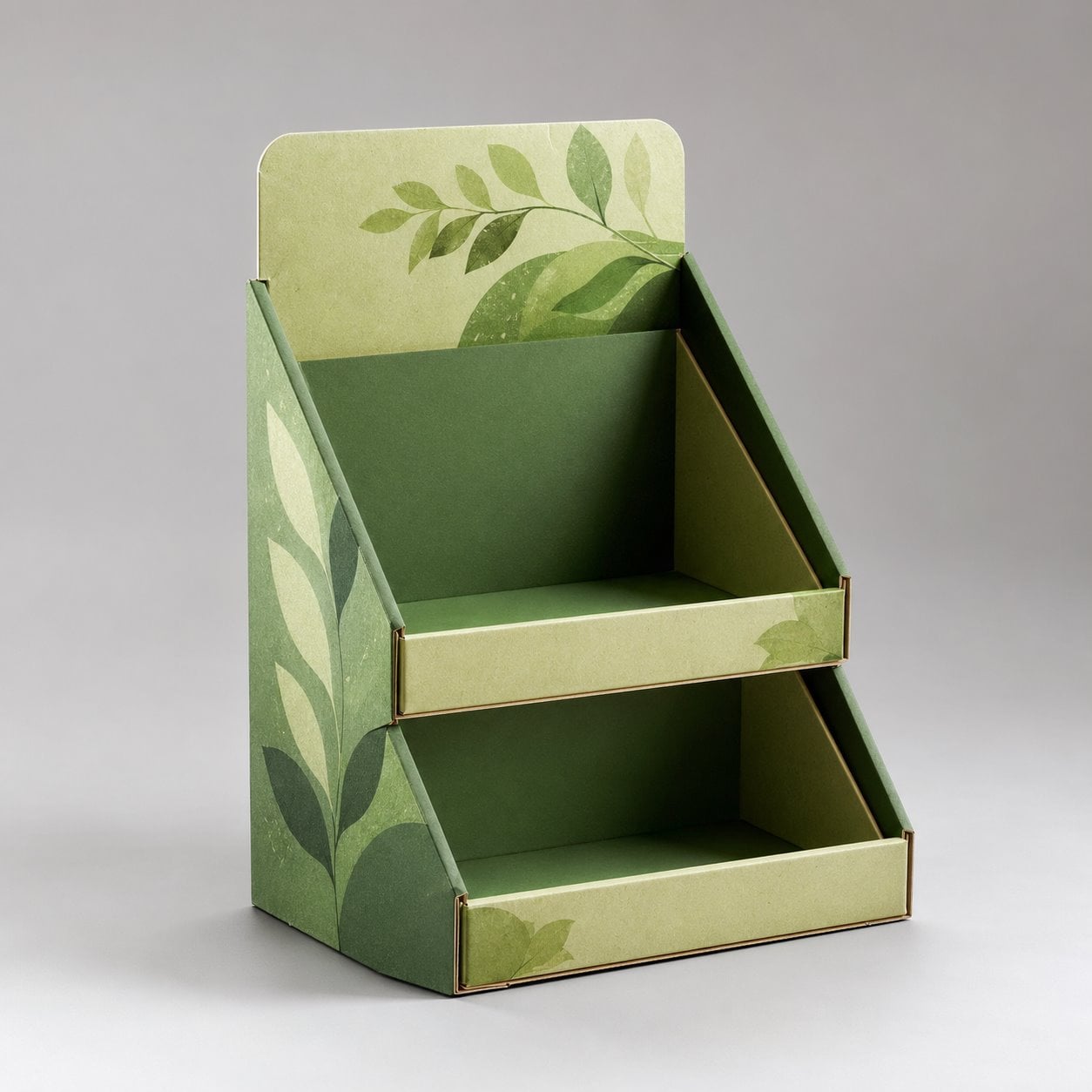 Custom Green 2-layer Tray Floor Display packaging feature image showing Sustainable Style: Soy-Ink Vibrant Printing