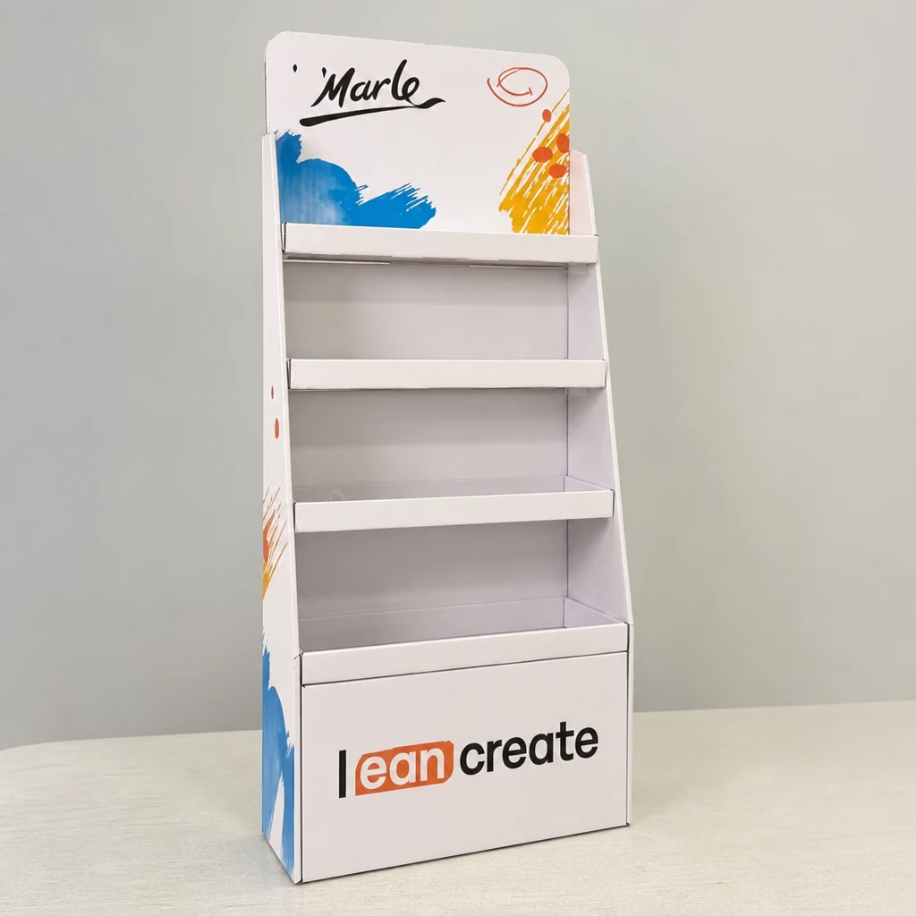 Custom 3-layer Tray Floor Display retail floor display stand front angle