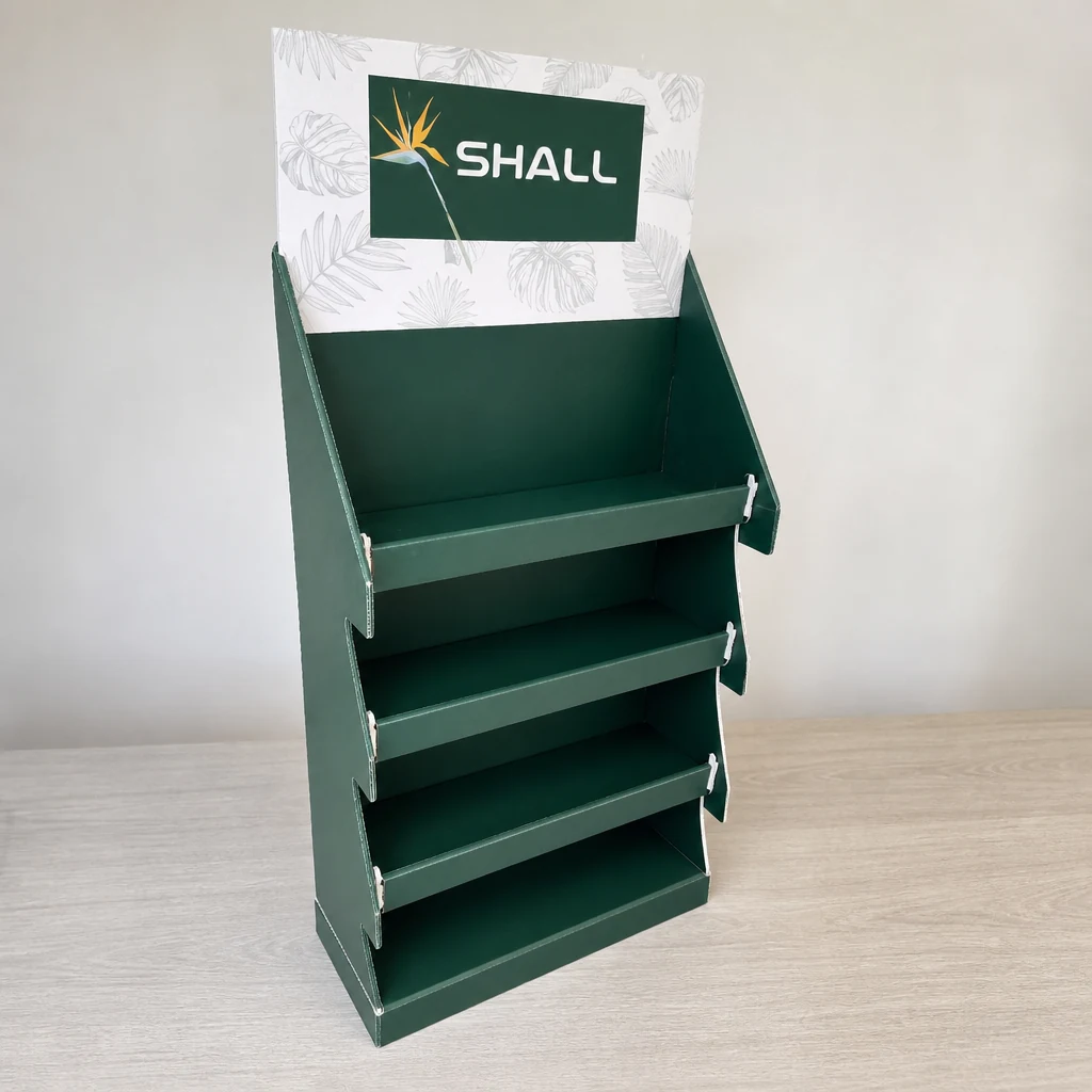 Custom 4-layer tray floor display retail floor display stand front angle