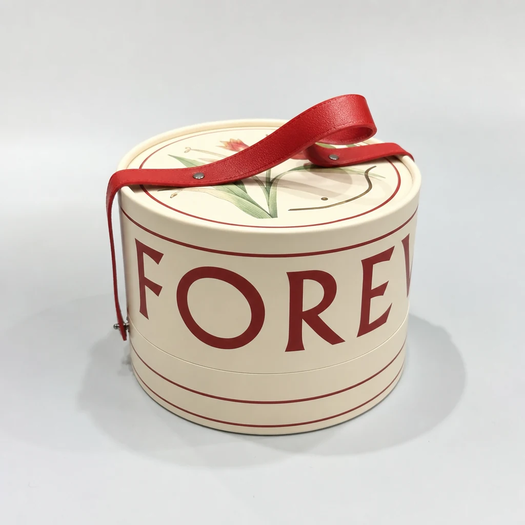 Round shaped lift-off lid box with strap round gift box front angle