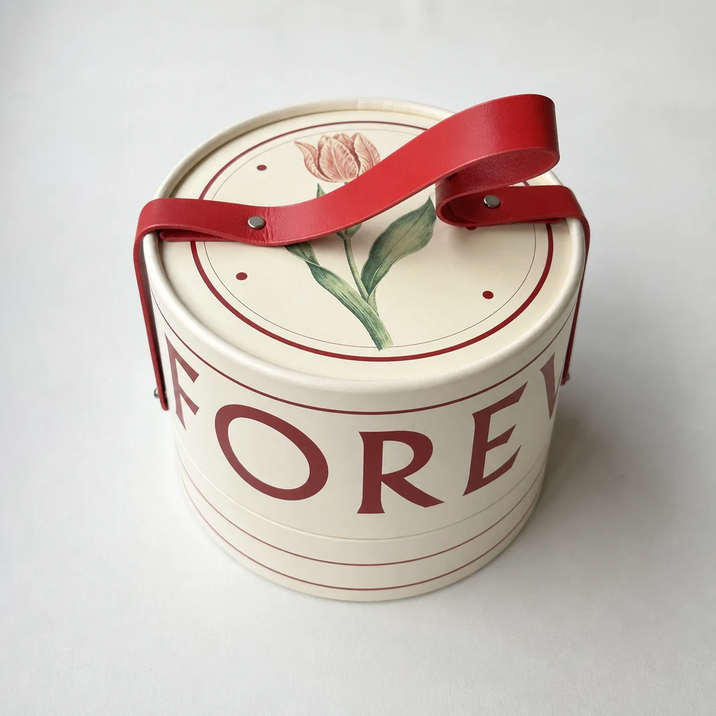 Round shaped lift-off lid box with strap round gift box top angle