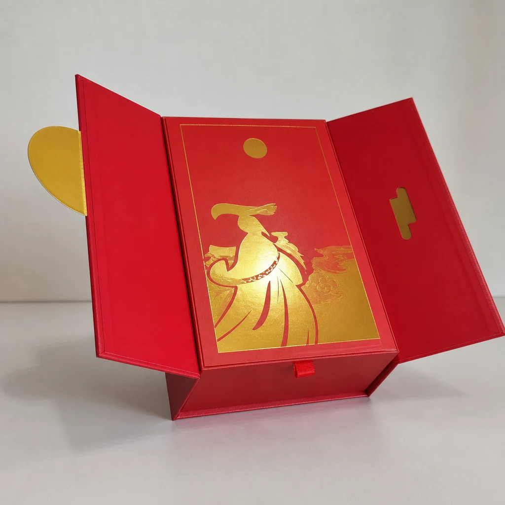 Double sided flip open box packaging box front angle