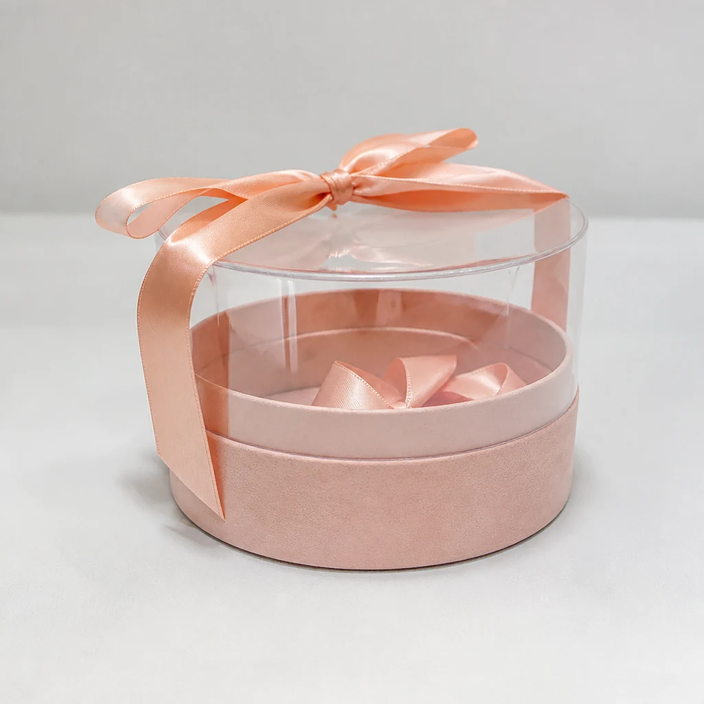 Round shaped plastic gift boxes with ribbon round gift box front angle
