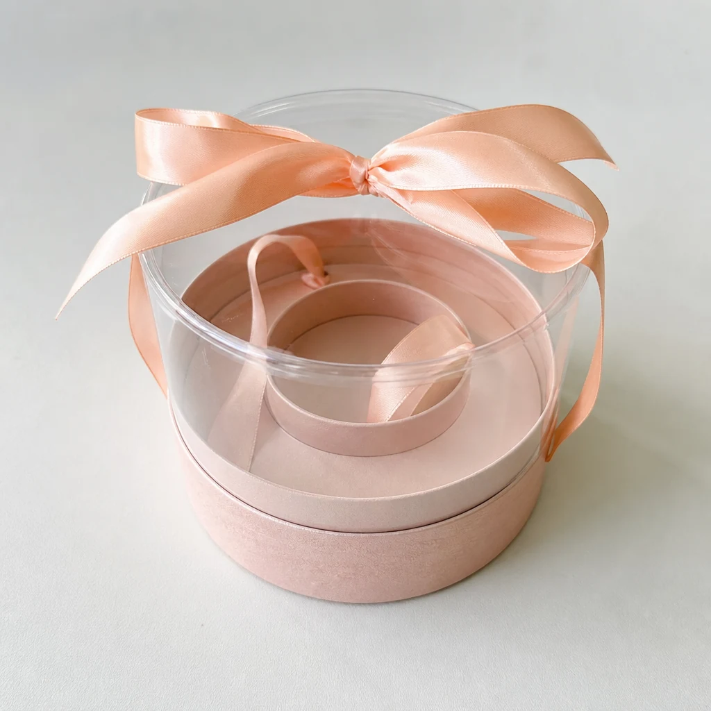 Round shaped plastic gift boxes with ribbon round gift box top angle