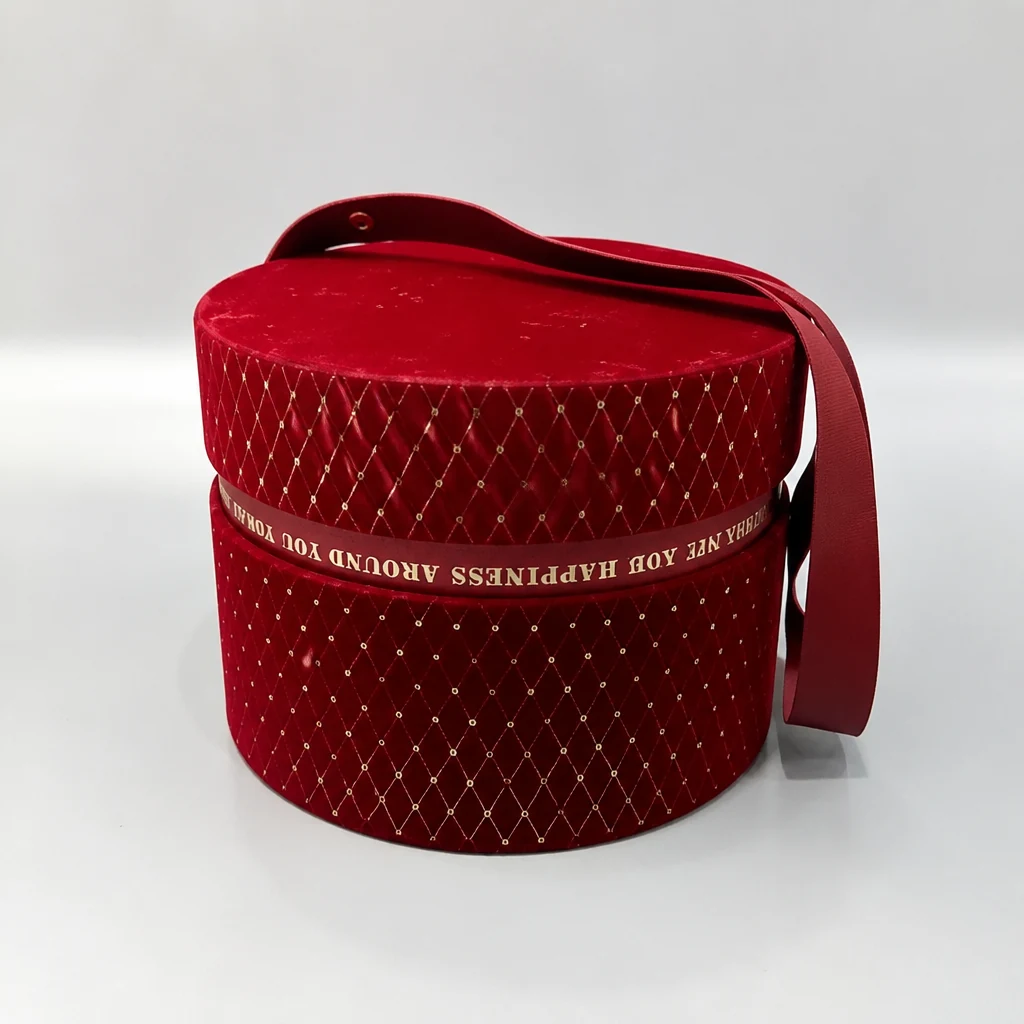 Luxury round shaped gift boxes with strap round gift box front angle