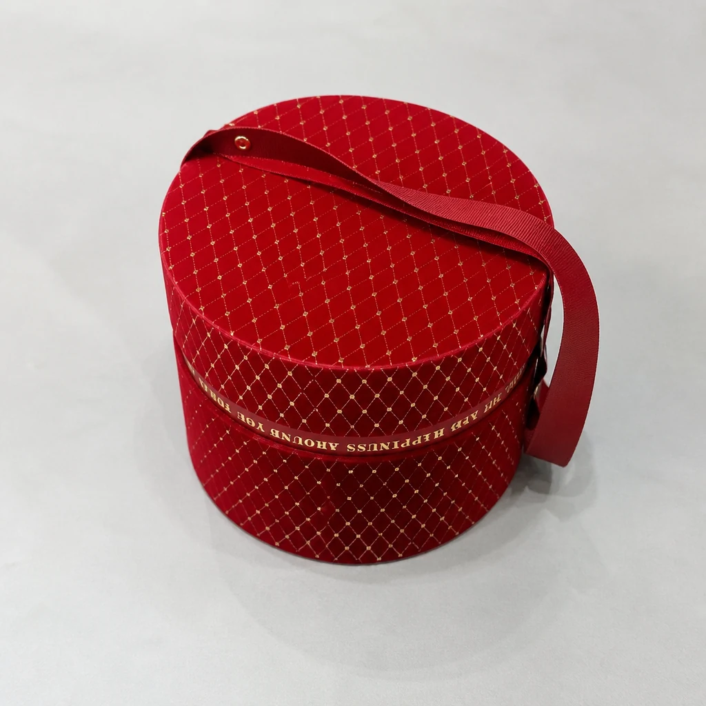 Luxury round shaped gift boxes with strap round gift box top angle