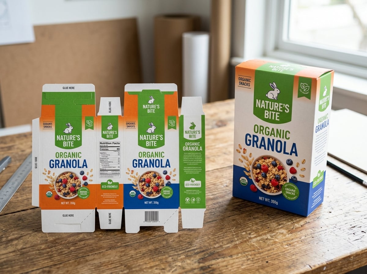 A flat folding carton beside an assembled version with printed graphics, showing the creases, flaps, and locking panels.