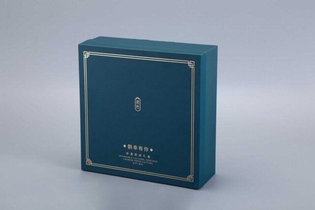 a teal square gift box featuring gold decorative lines set against a light gray background
