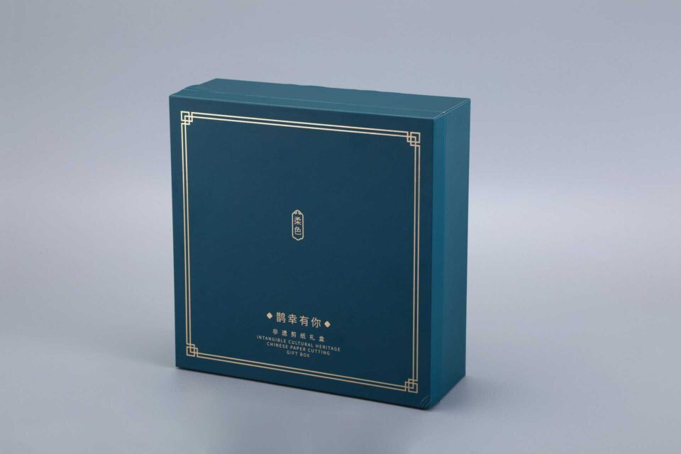 a teal square gift box featuring gold decorative lines set against a light gray background
