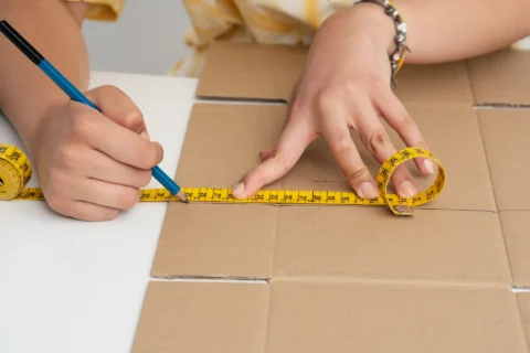 A technician uses a yellow measuring tape to measure a sheet of cardboard and makes precise markings with a pen for custom box packaging.