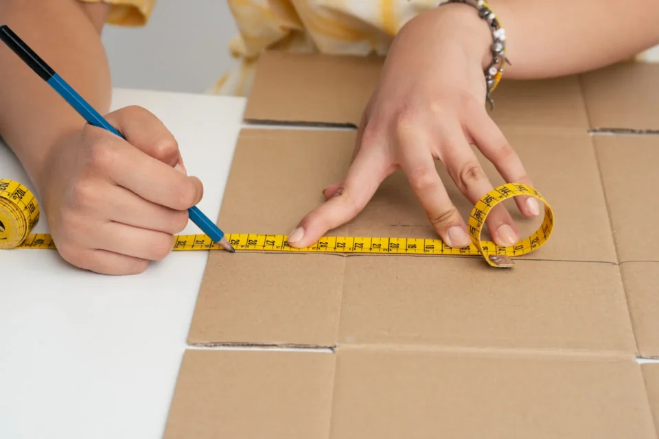 A technician uses a yellow measuring tape to measure a sheet of cardboard and makes precise markings with a pen for custom box packaging.