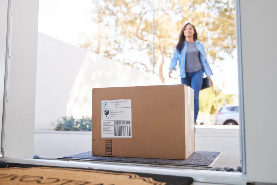 A woman approaches a front door where a custom packaging box is placed on a mat.