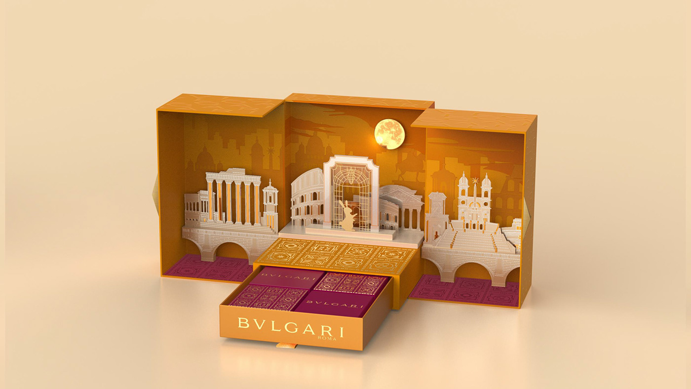 This image showcases our custom-designed packaging: an advent calendar box inspired by Bulgari, featuring intricate cut-out illustrations of iconic Roman landmarks. The design incorporates warm colors and detailed architectural elements, set against a moonlit sky backdrop.