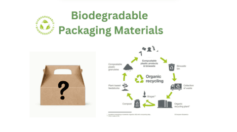Biodegradable packaging materials infographic with a mystery box and recycling process diagram.