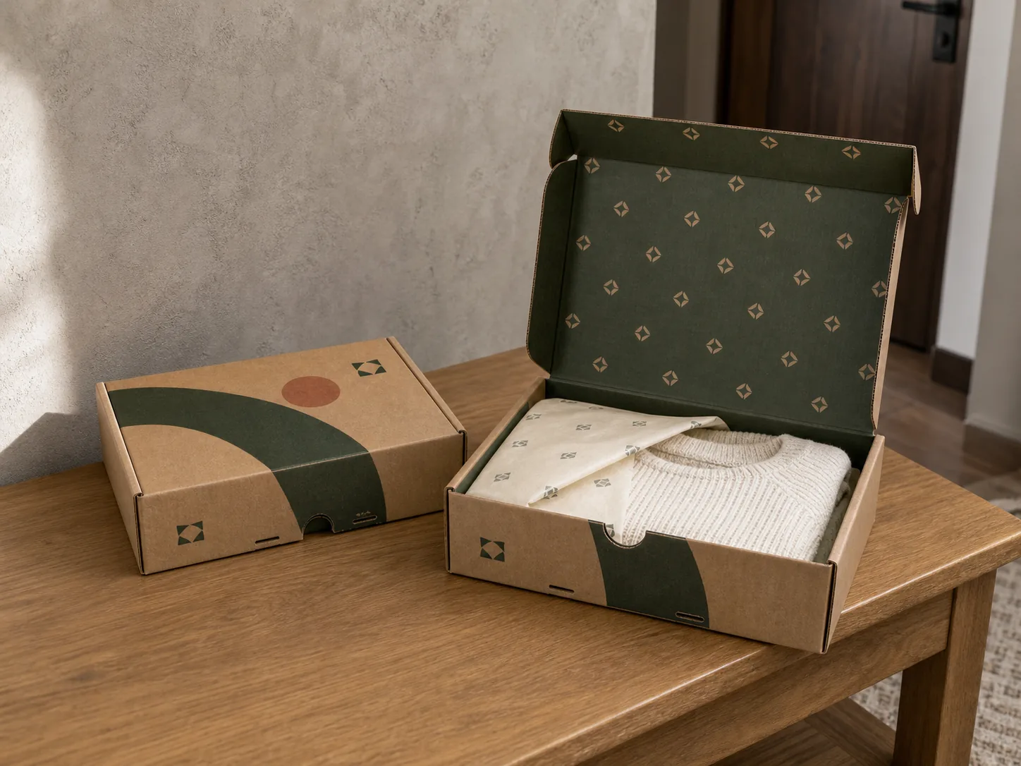 Closed and open kraft corrugated mailer boxes feature matching exterior and interior prints with tissue-wrapped knitwear.