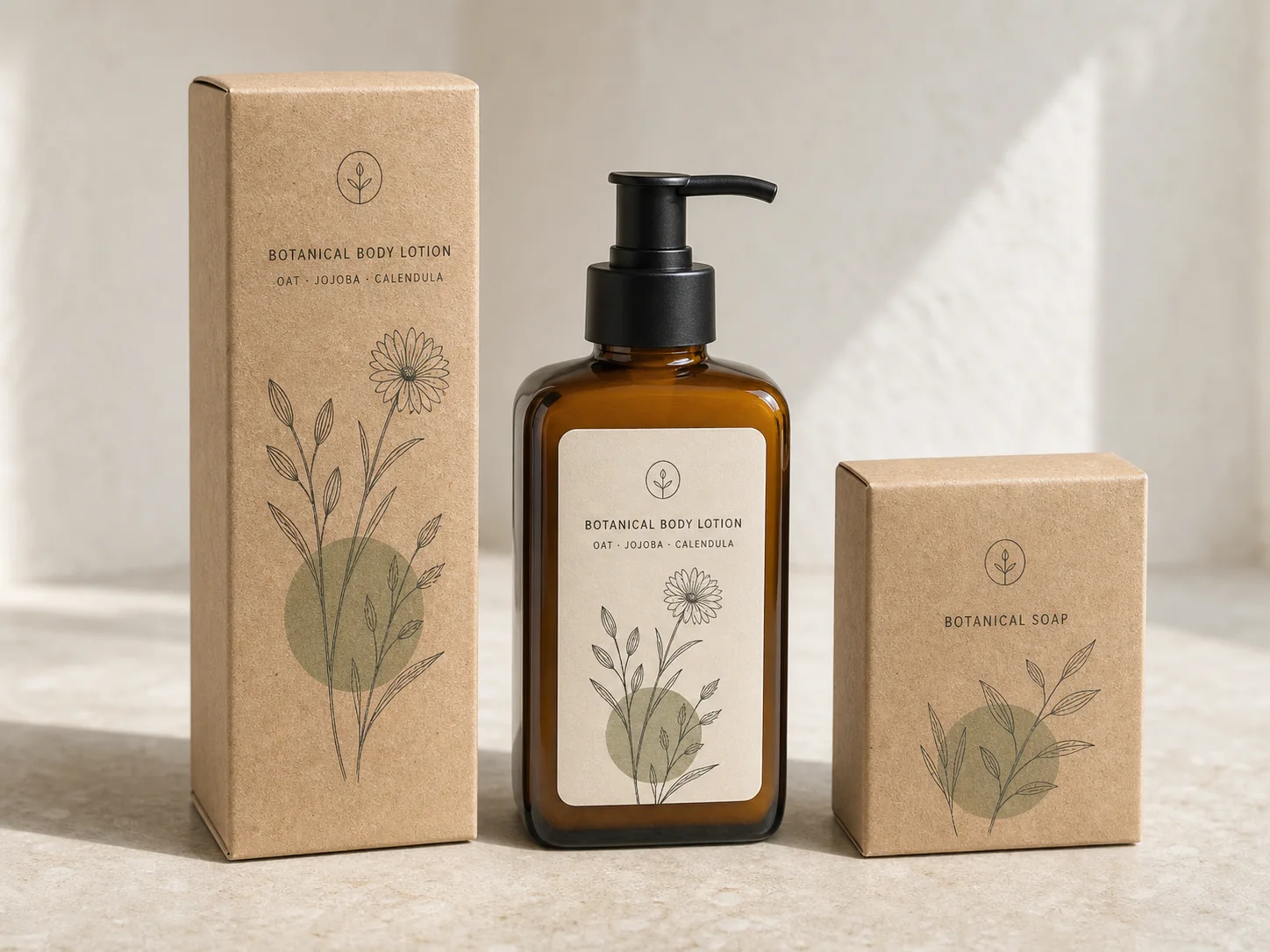 Two natural kraft personal care cartons and an amber lotion bottle with minimalist botanical illustrations and clean ingredient labels.