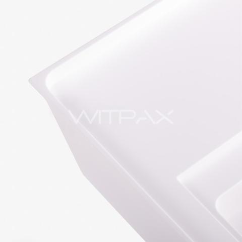 Clear plastic box insert with embossed Witpax branding showing transparent material and molded compartment design