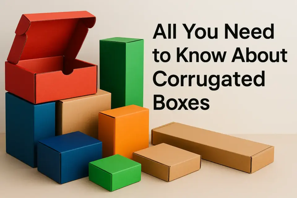 Colorful corrugated boxes stacked beside text on a neutral background.