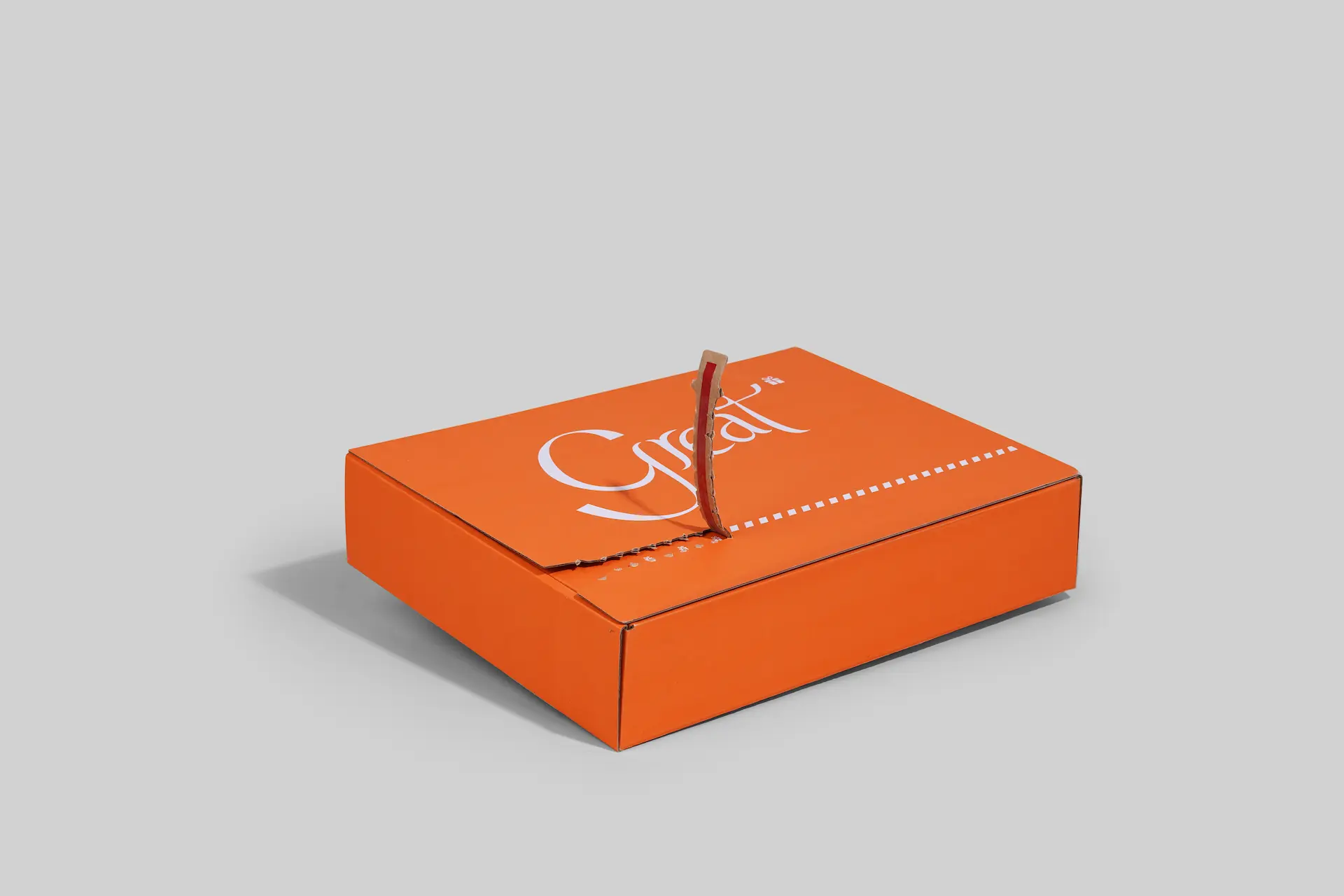 Custom corrugated box with "Great" on top, sealed with a pull-tab strip.