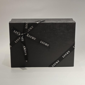 custom dark lift-off lid box with ribbon