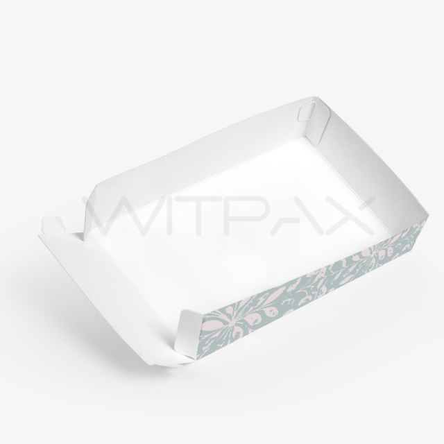 Custom folding carton with clear window shown at an angle, displaying floral print on exterior sides and white interior